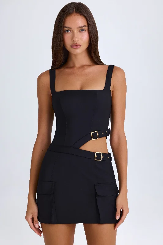 Belted Cut-Out Mini Dress in Black