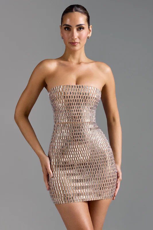 Embellished Bandeau Mini Dress in Almond