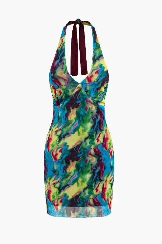 Tie Dye V-neck Halter Backless Mini Dress