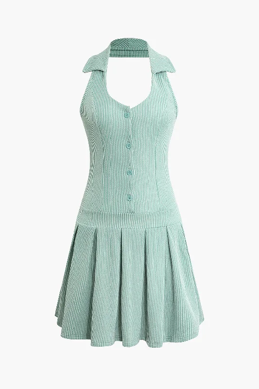 Halter Backless Pleated Mini Dress