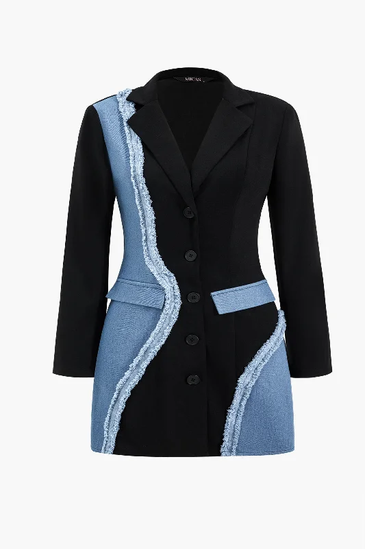 Plus Size Denim Notched Lapel Button Patchwork Blazer Mini Dress