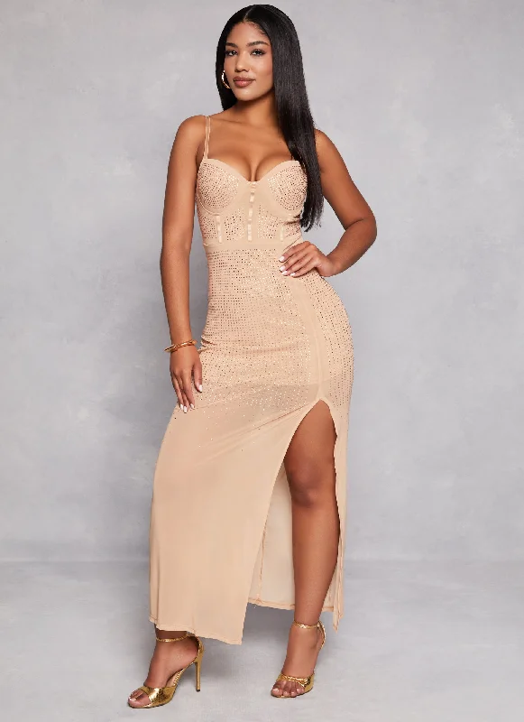 Rhinestone Mesh Side Slit Maxi Dress