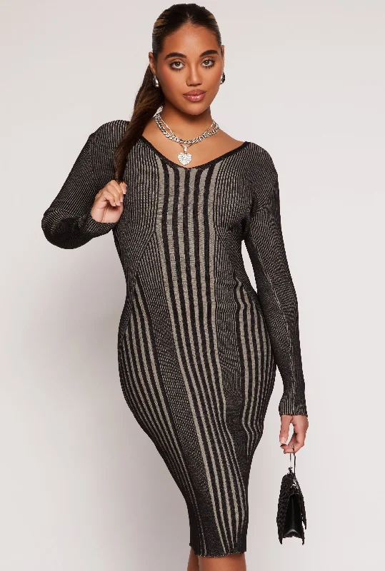 Almost Famous Ribbed Knit Shadow Stripe Midi Sweater Dress