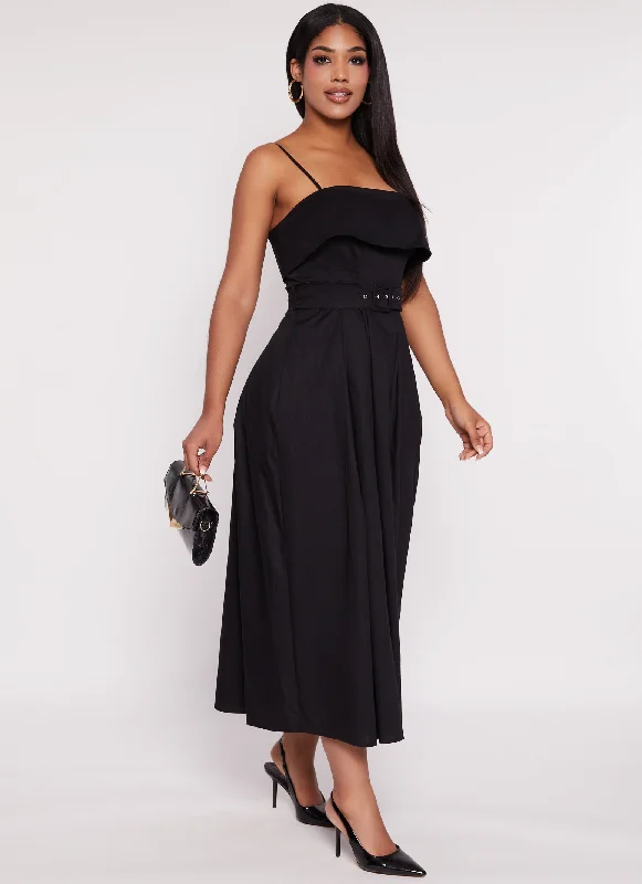 Haute Monde Poplin Belted Square Neck Maxi Dress