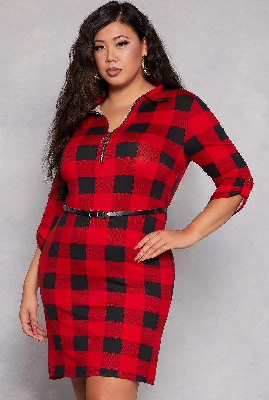 Plus Size Plaid Half Zip Belted Midi Dress