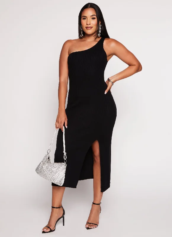 Rib Knit One Shoulder Midi Dress