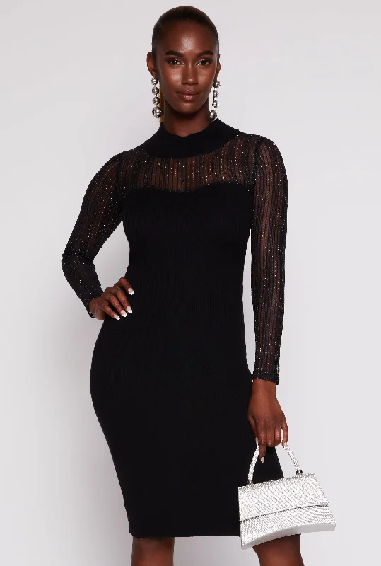 Shadow Stripe Lurex Mesh Mock Neck Midi Dress