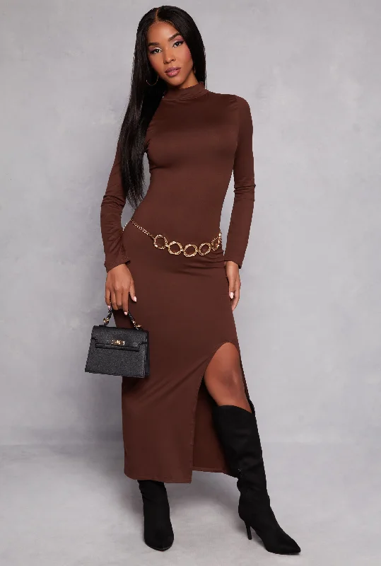 Mock Neck Side Slit Maxi Dress