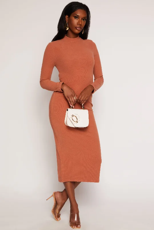 Ribbed Mock Neck Long Sleeve Midi Dress