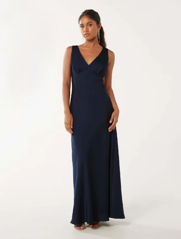 Cameron Petite V Neck Satin Maxi Dress