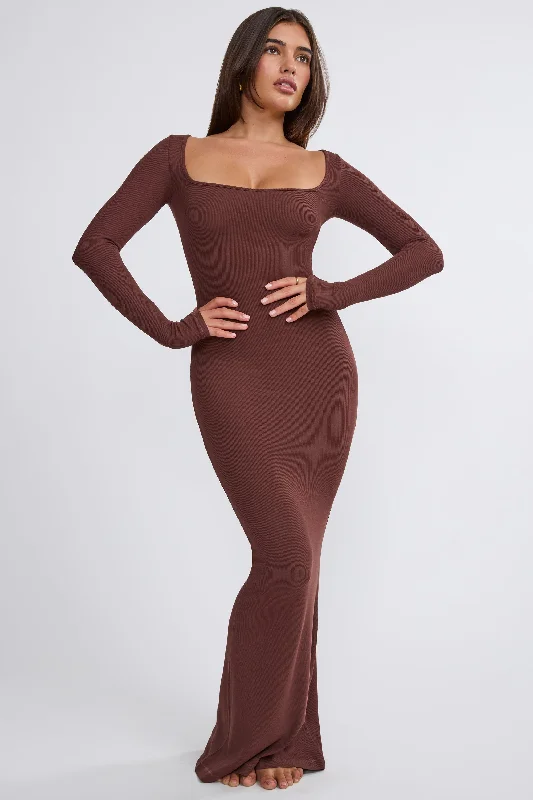 Ribbed Modal Long Sleeve Maxi Dress in Chocolate