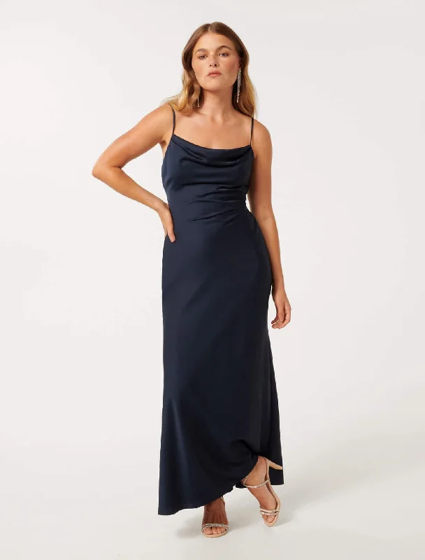 Mia Petite Boat Neck Satin Maxi Dress