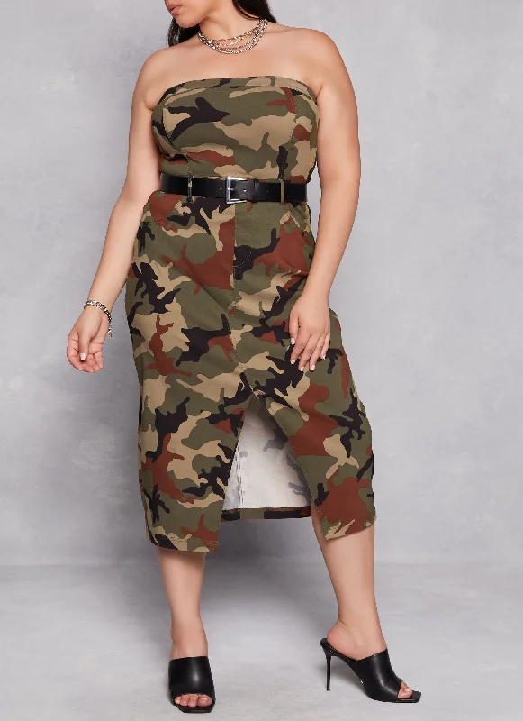 Plus Size Camo Front Slit Midi Tube Dress