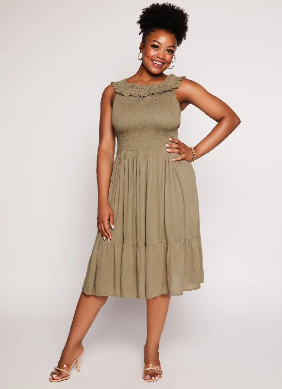 Plus Size Gauze Knit Smocked Midi Dress