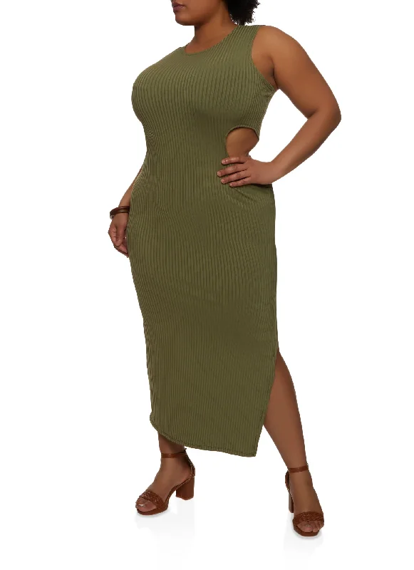 Plus Size Rib Knit Cut Out Tank Maxi Dress