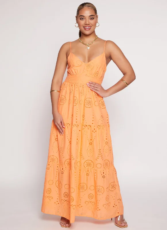 Eyelet Tie Back Tiered Maxi Dress