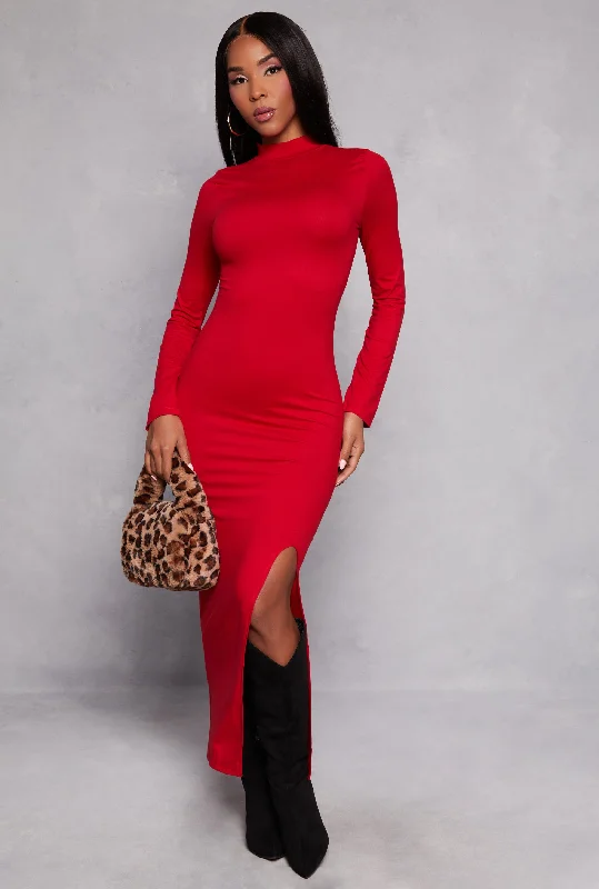 Mock Neck Side Slit Maxi Dress