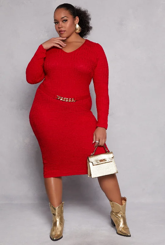 Plus Size Greek Key Chain Detail Midi Dress