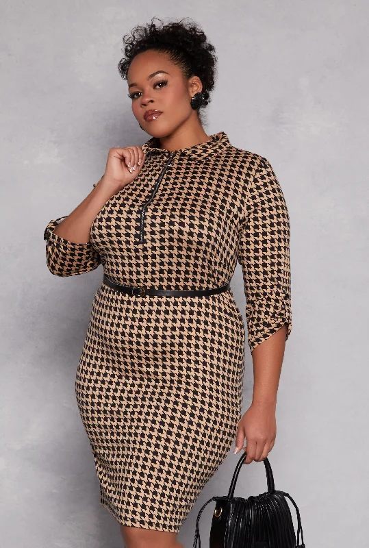 Plus Size Houndstooth Half Zip Midi Dress