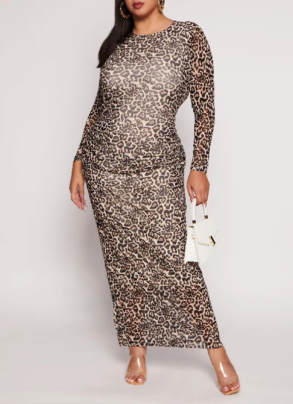 Plus Size Almost Famous Animal Print Mesh Maxi Dress