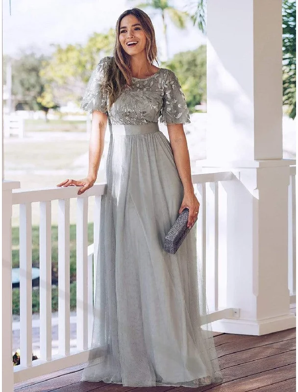 A-Line Empire Elegant Party Wear Prom Dress Jewel Neck Short Sleeve Floor Length Tulle with Embroidery 2022 / Illusion Sleeve