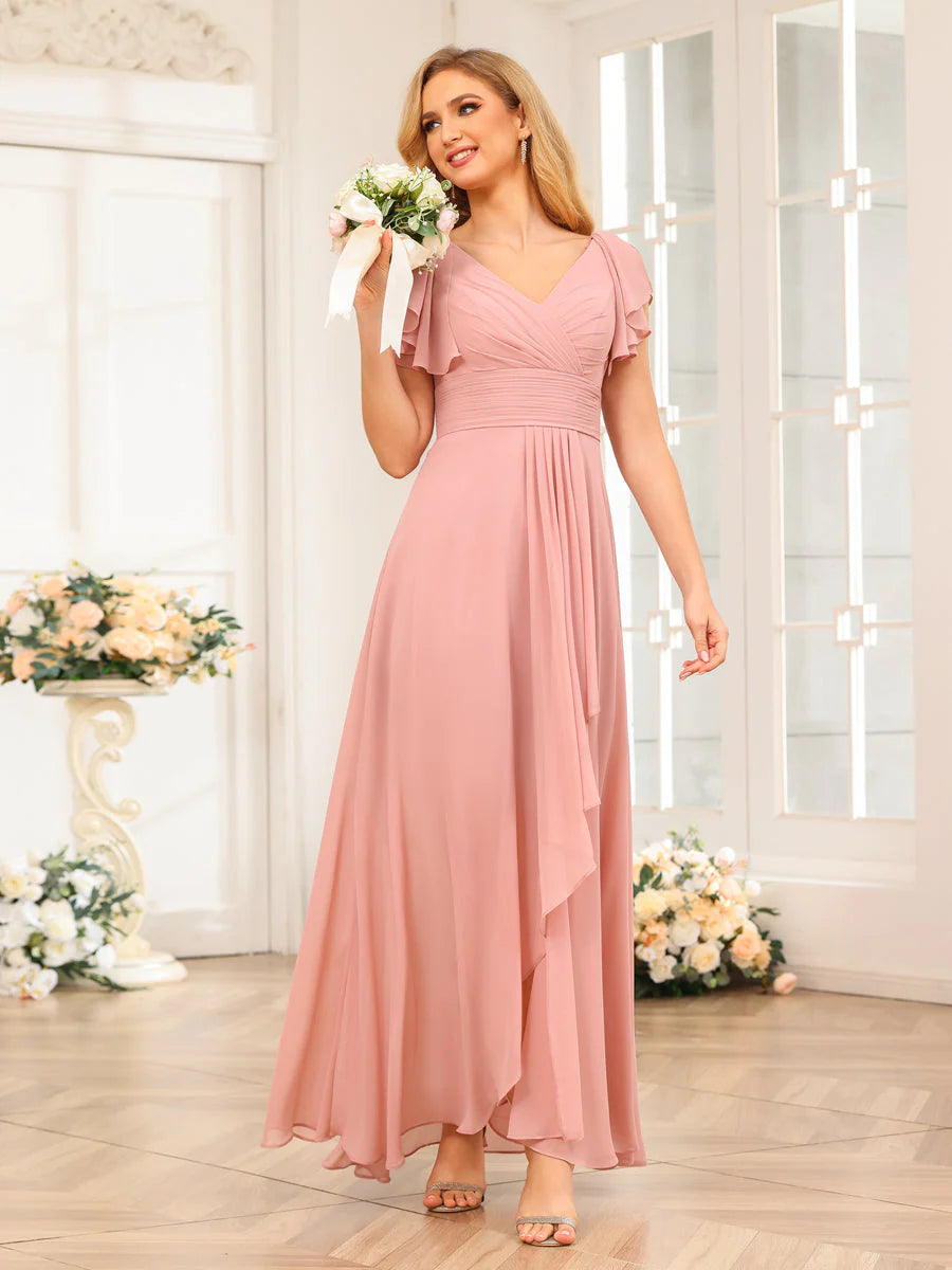 A-Line/Princess V-Neck Long Wedding Party Dresses With Ruffles