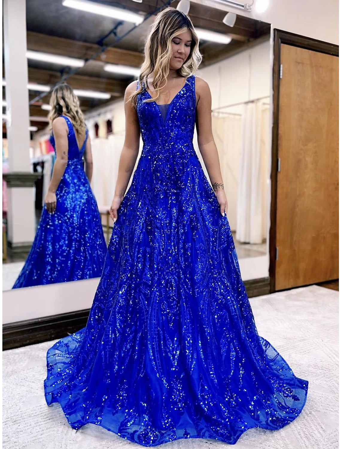 A-Line Prom Dresses Sparkle & Shine Dress Formal Wedding Party Floor Length Sleeveless V Neck Sequined V Back with Sequin