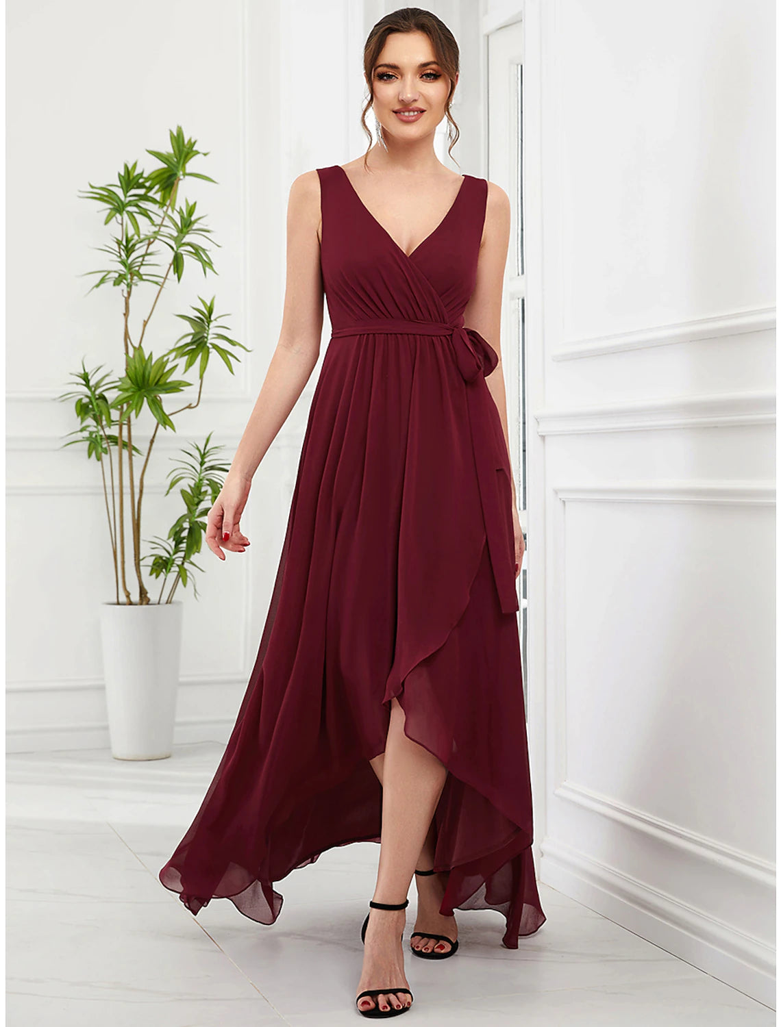 A-Line Wedding Guest Dresses Elegant Dress Party Wear Wedding Party Asymmetrical Sleeveless V Neck Bridesmaid Dress Chiffon with Ruffles Strappy