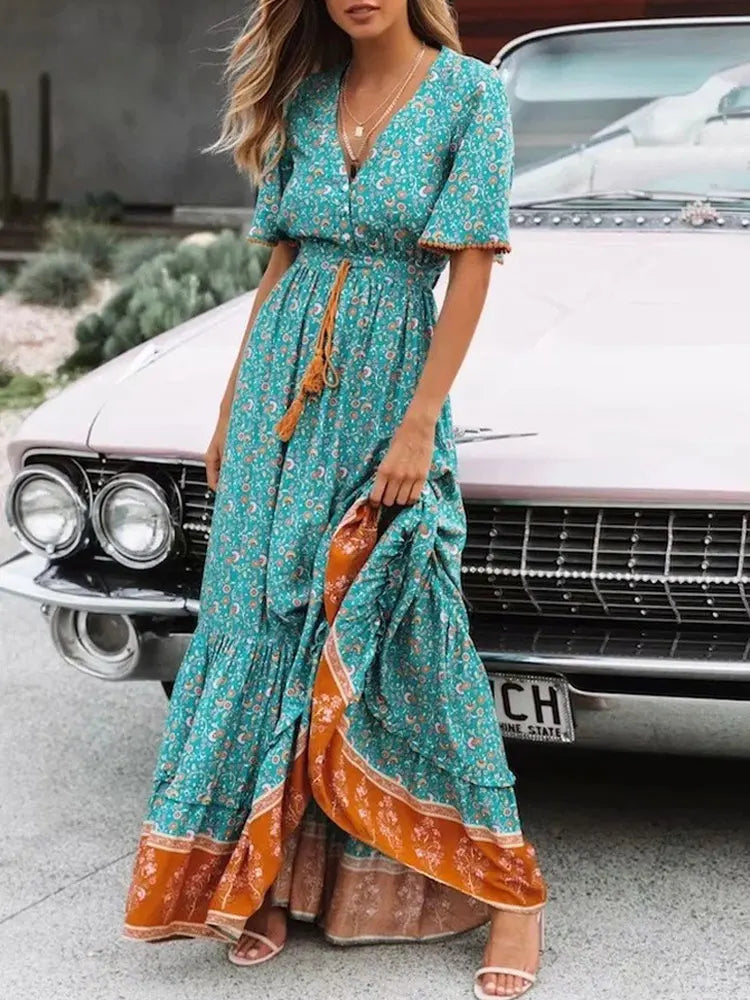 2024 Viscose Floral Print Beach Party Dress for Women Boho Dress