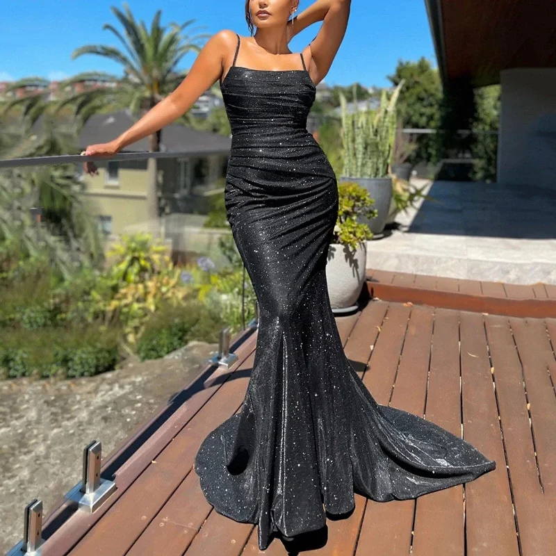 Long Train Mermaid Sleeveless Evening Party Sling Dress