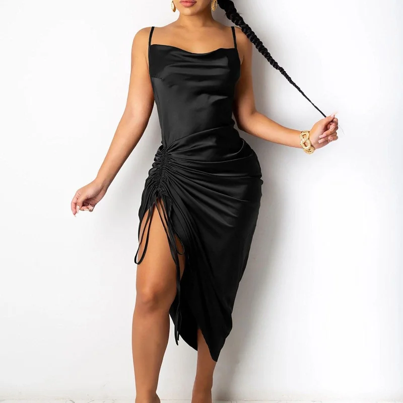 Ruched Satin Summer Dress Drawstring Spaghetti Straps Cowl Neck Backless Long Dresses for Women Party Sexy