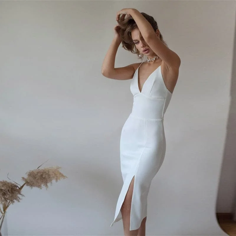 Sexy Backless White Party Dress For Women Spaghetti Strap High Split Slim Sheath New Spring