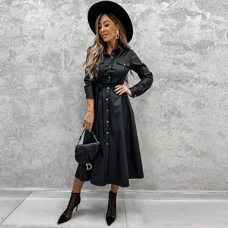 Women Office Lady PU A line Solid Turn Down Collar Single Breasted Sashes Black New Autumn Casual Party Chic Long Dress