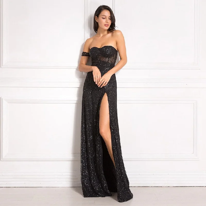 Off Shoulder Glitters Floor Length Split Party Dress