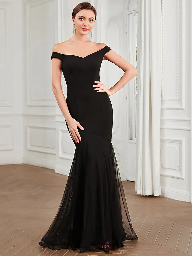 Evening Gown Elegant Dress Party Wear Floor Length Sleeveless Off Shoulder Polyester with Pleats