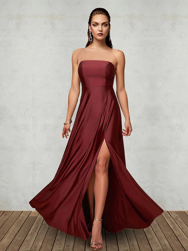 Evening Gown Empire Dress Party Wear Floor Length Sleeveless Strapless Chiffon with Pleats Slit