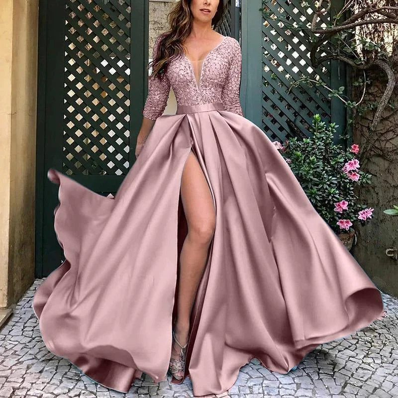 Solid V-Neck Long Sleeve Celebrity Party Maxi Dress