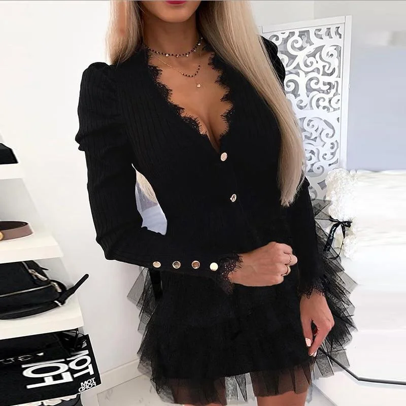 FashionSierra - Women Eyelash Lace Layered Mesh Insert Ribbed Dress Sexy V Neck Sweet Party Club Dress Autumn Winter Black Long Sleeve Vestidos