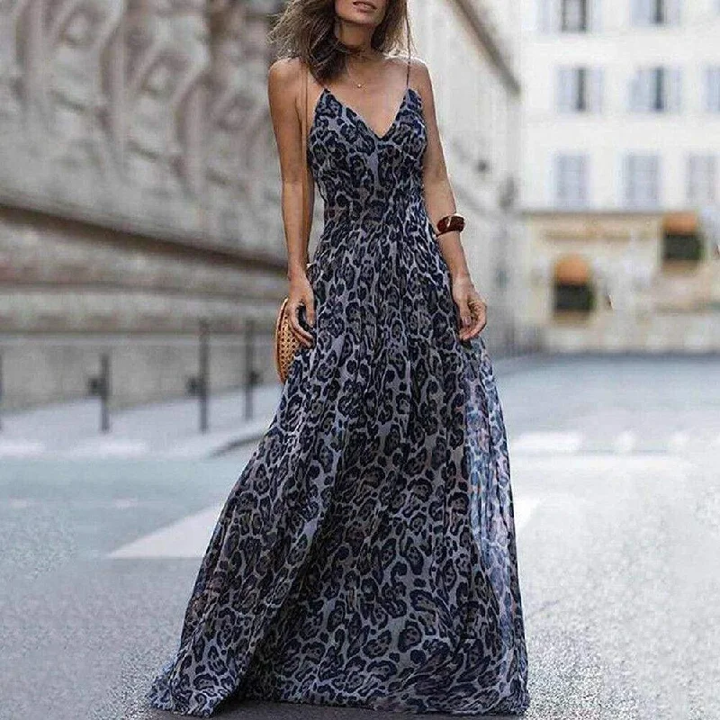 FashionSierra - Women Leopard Print Sleeveless Maxi Long Dress Fashion Ladies Party V Neck Summer Beach Sexy Dress Sundress