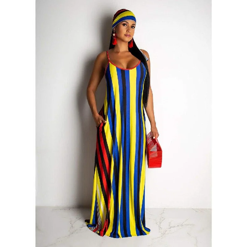 FashionSierra - Women Maxi Boho Dress Striped Summer Casual Beach Evening Party Long Sundress Fashion Ladies Sleeveless Dresses