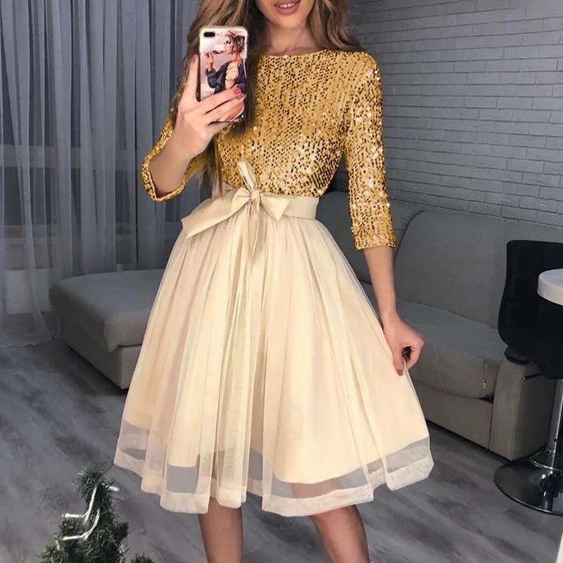 FashionSierra - Women Sequin Mesh Patchwork A-line Party Dress Sequins Tight Waist Layered Mesh Dress Elegant Ladies 3/4 Sleeve formal Dresses