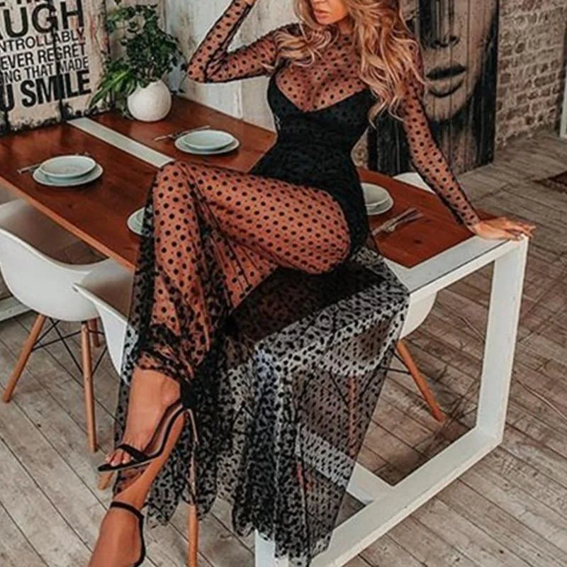 FashionSierra - Women Sexy Mesh Dot Print Maxi Party Dress Long Sleeve O Neck High Waist Sexy Evening Dress Solid Vetidos