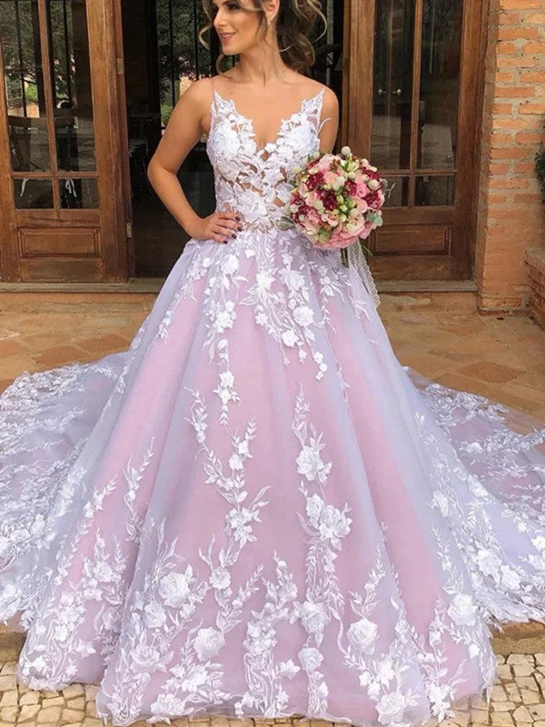 A-line Lace Floral Pink Wedding Dresses, Flower Elegant Wedding Gowns, Romantic Bridal Wedding Dresses