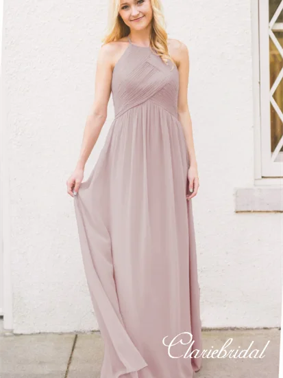 A-line Simple Design Open Back Chiffon Long Bridesmaid Dresses