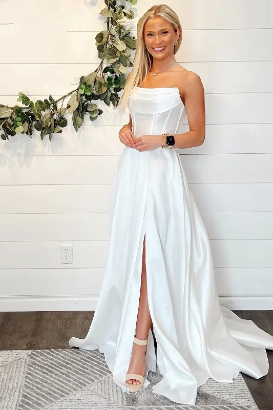 A-Line White Strapless Sheer Back Long Wedding Dress