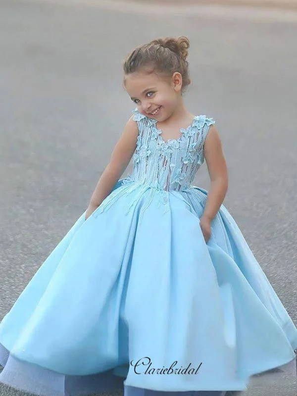 Appliques Satin Flower Girl Dresses, Fancy A-line Wedding Girl Dresses