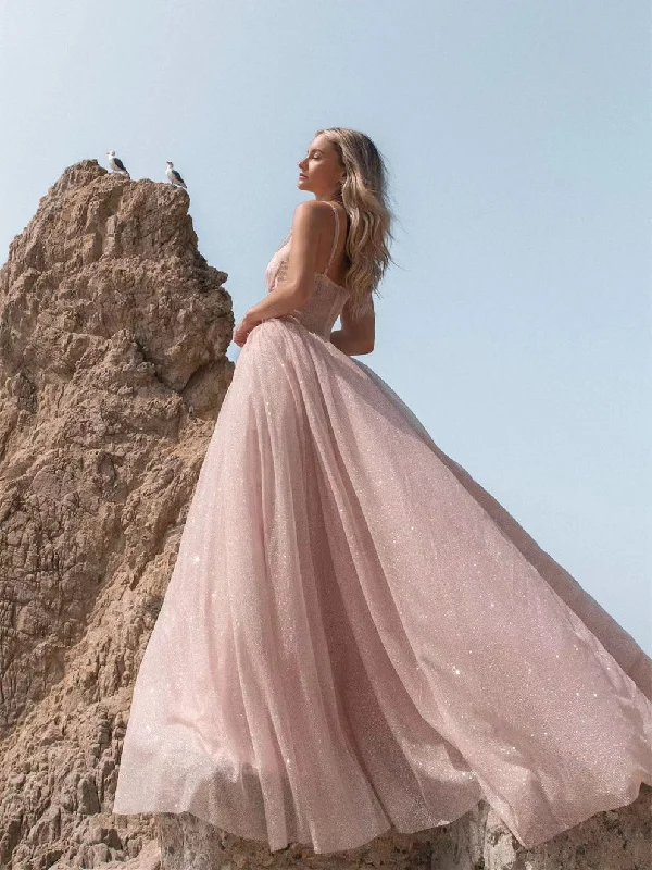 Blush Pink Shiny Sequin Tulle Wedding Dresses, A-line Wedding Dresses With Bones, Bridal Gown, 2022 Wedding Dresses