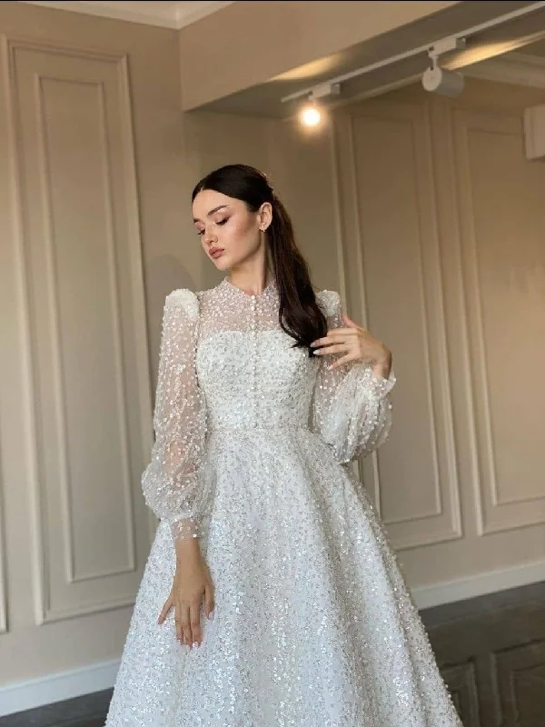 Elegant Beaded Sequin Wedding Dresses, A-line Wedding Dresses, Bridal Gown, Affordable Wedding Dresses