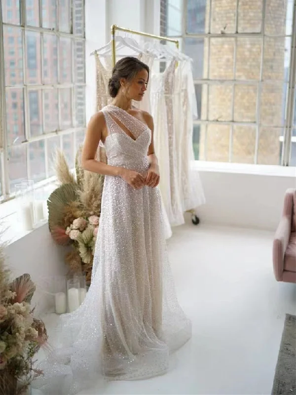 Gorgeous Sequin Tulle Long Sheath Wedding Dresses, Shiny Wedding Dresses, Bridal Gown, Luxury Prom Dresses