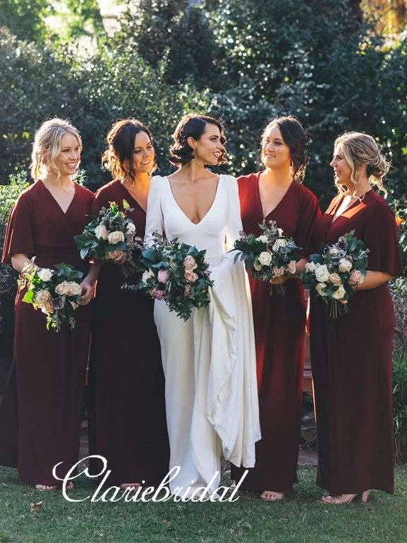 Half Sleeves A-line Burgundy Jersey Long Bridesmaid Dresses